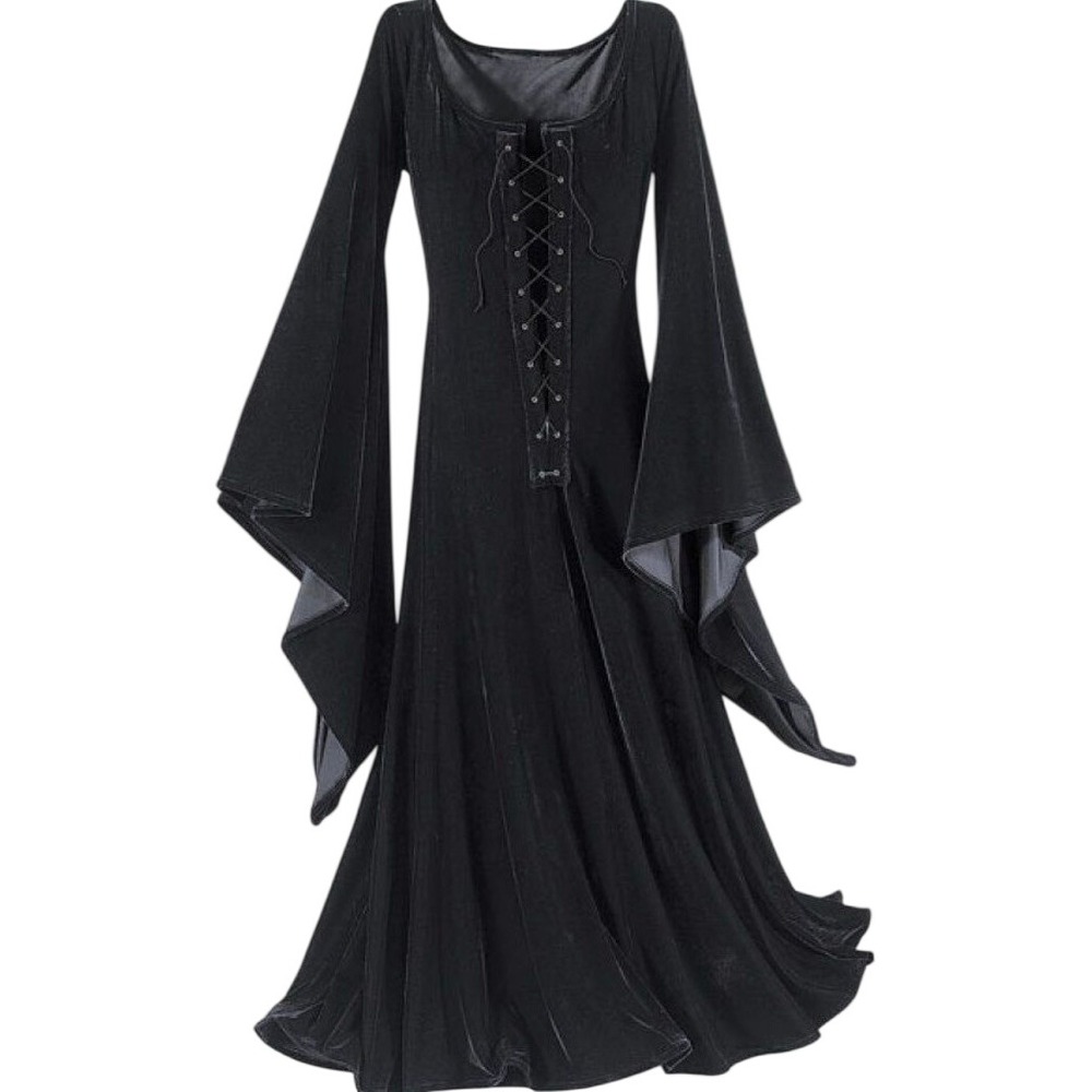 Pyramid Collection Gown Black Gothic Lace Up Bell Sleeve Velvet Witchy Large